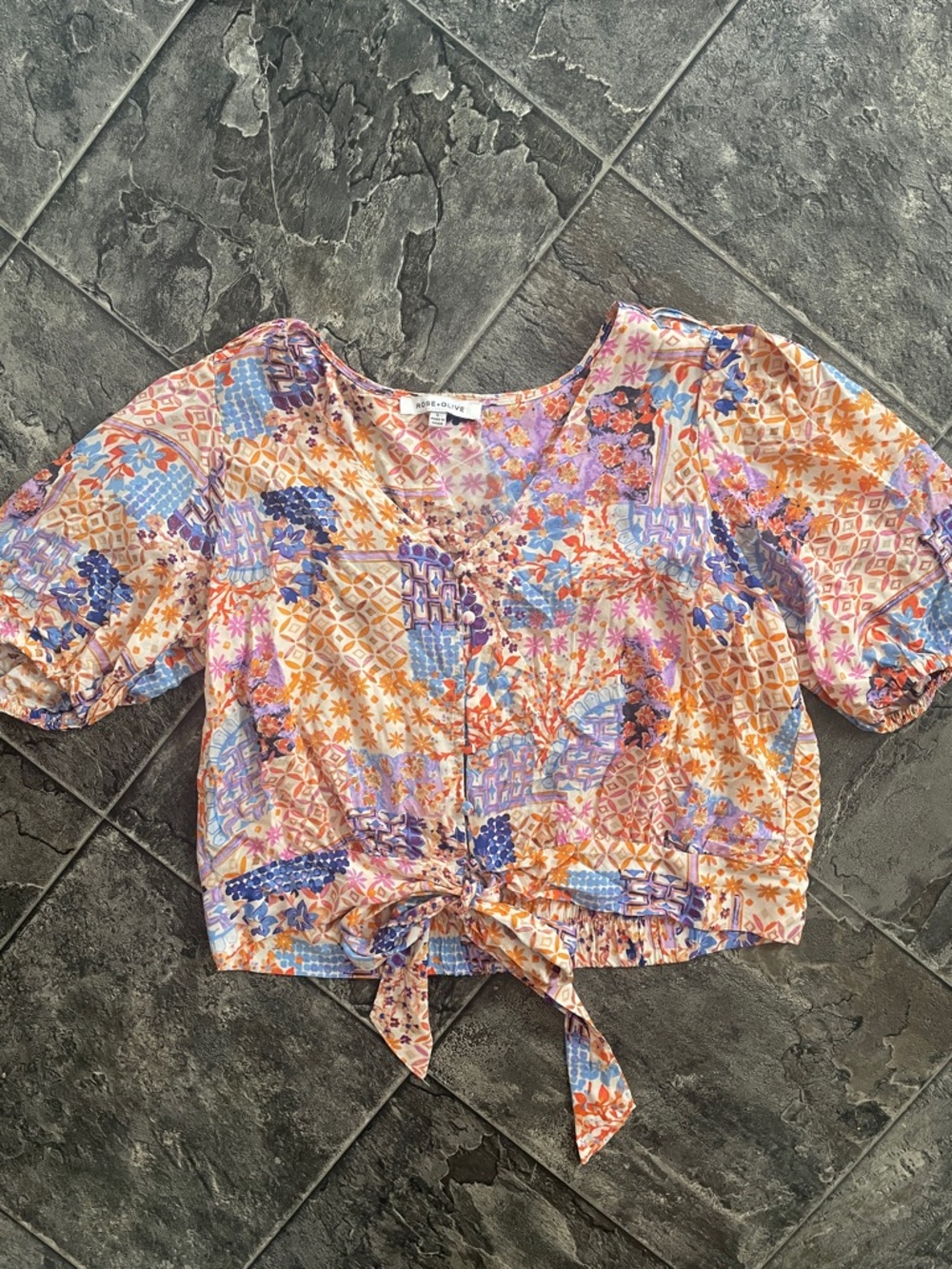 ⭐️NWOT ROSE + OLIVE Boho Patchwork Tie-Front Vibrant Colorful Button-Up Crop Top